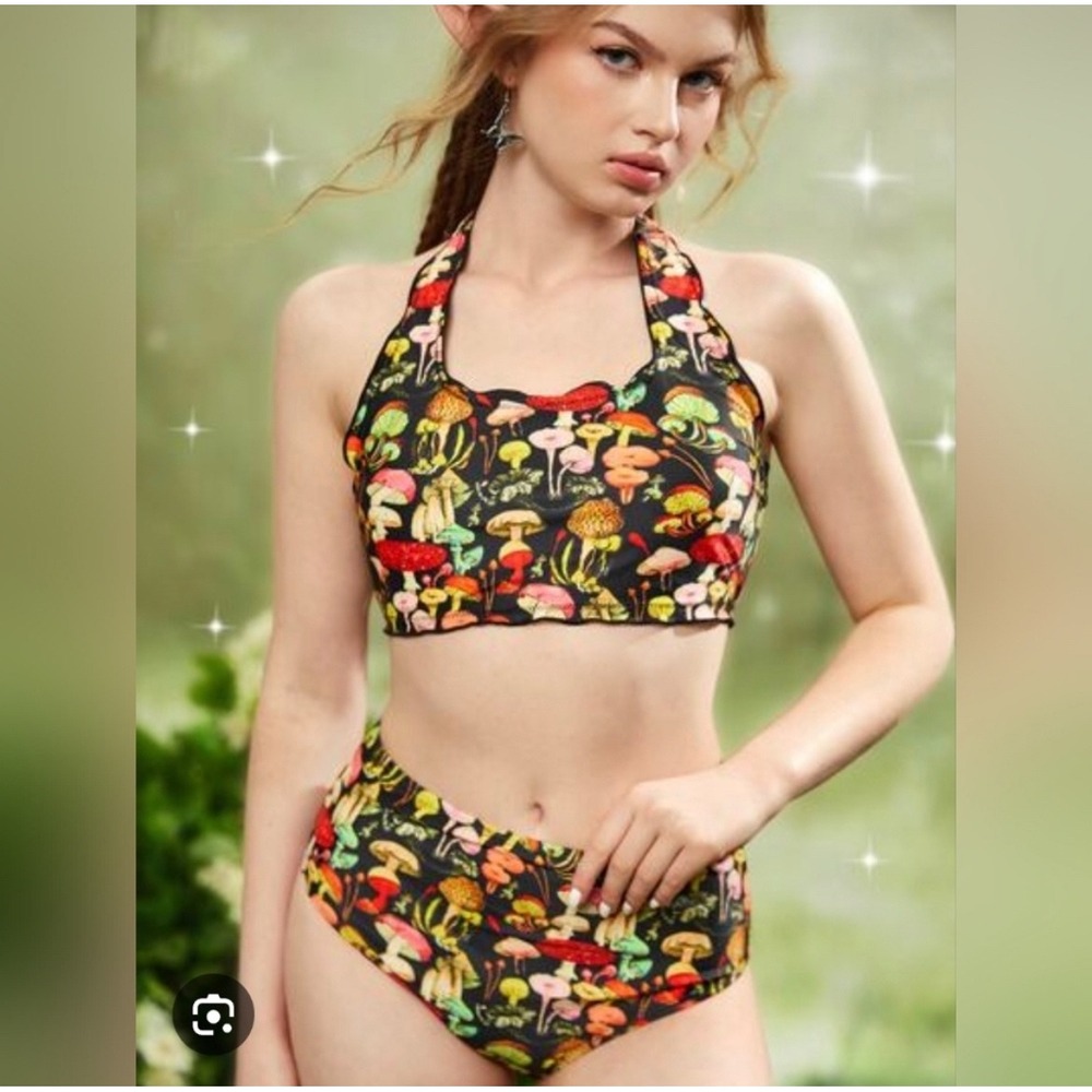 Mushroom Print High Waisted Bikini Set Black Halter Top Two Piece Swimsuit M